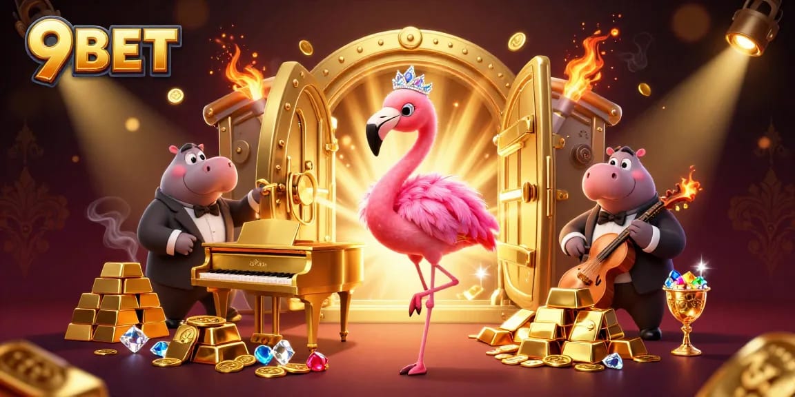 Experience the fun at 9BET with vibrant 3D casino characters and golden treasures.