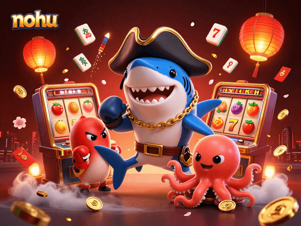 Nohus pirates win big at the slot machines, surrounding a vibrant casino scene.