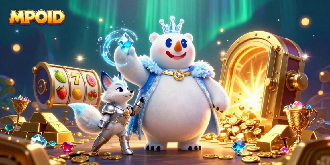 MPOID showcases the ice king and snow fox surrounded by vibrant slot symbols, illuminating the thrill of gaming.