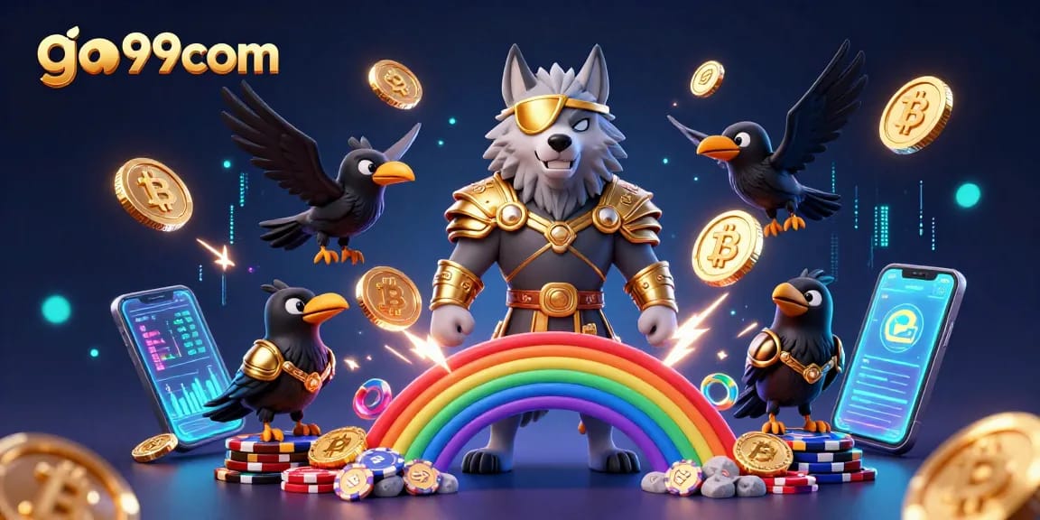Engage with go99com's vibrant gaming world, showcasing Odin and his ravens amid digital gambling elements.