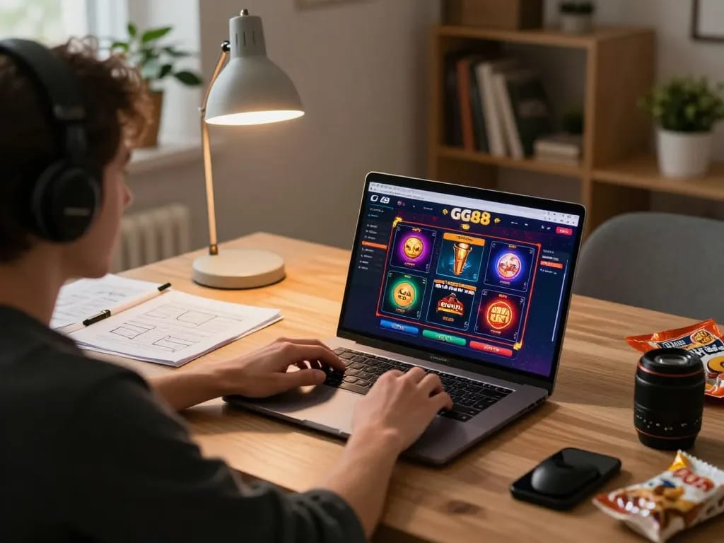 Engaging in online gaming at GG88 with vibrant graphics and strategy notes in a cozy setting