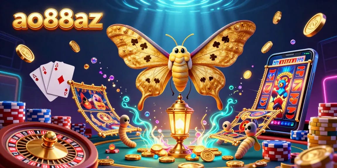 Experience the thrill of ao88az with a dynamic casino illustration featuring a 3D atlas moth and vibrant gaming elements.