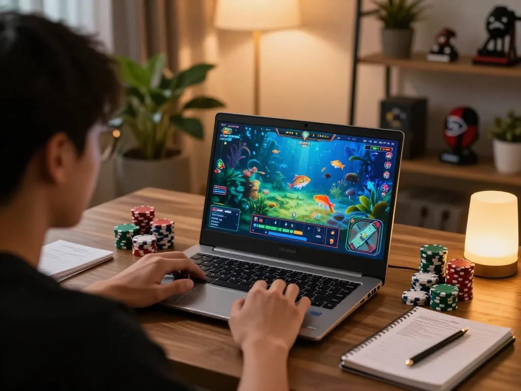 Engaging in game bắn cá đổi thưởng on a laptop, showcasing colorful fish graphics and strategic gambling notes.