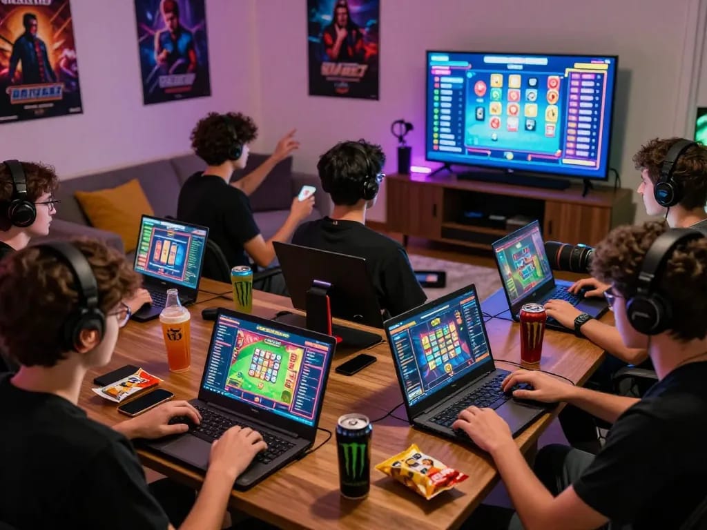 Players enjoying 789club online gaming in a cozy living room with snacks and vibrant screens.