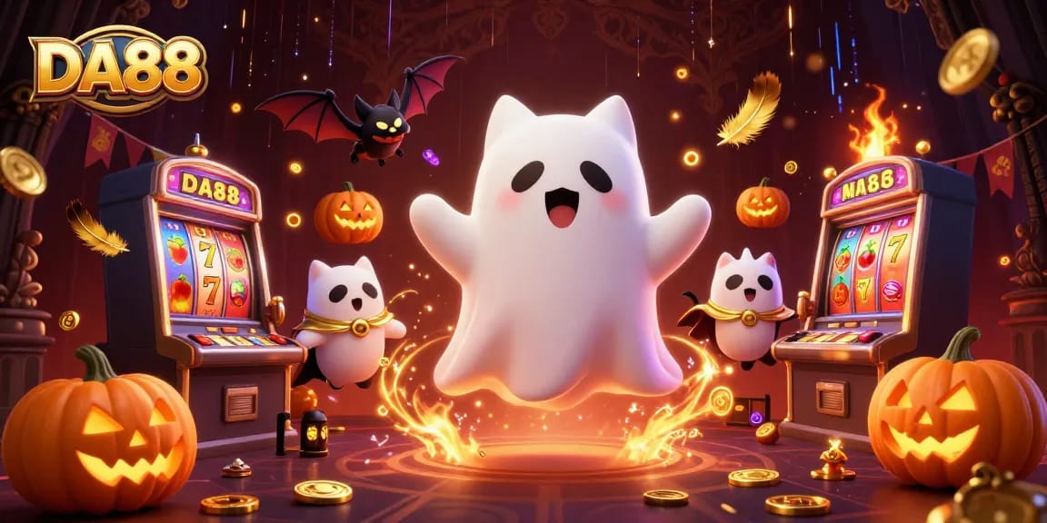 Engage with DA88's vibrant casino scene featuring a ghost cat and bat amidst glowing symbols.