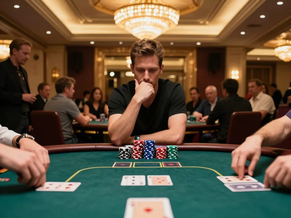 Pemain terlibat secara strategis di meja poker empire99 dalam suasana kasino mewah, menekankan kegembiraan.