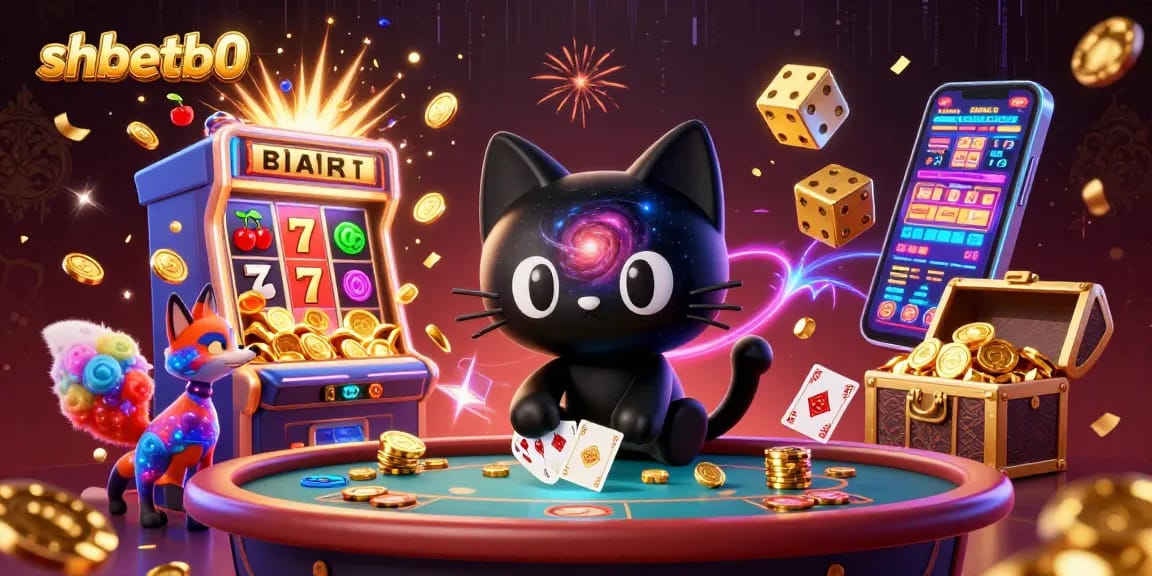 Engage with shbetb0 as a cosmic black hole cat attracts casino chips and cards in a vibrant gaming scene.