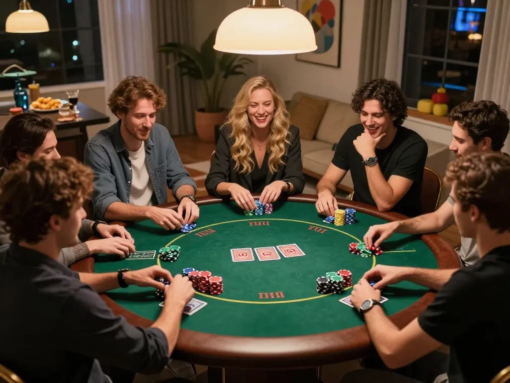 RR88 players engaged in an exciting Texas Hold'em poker game with vibrant chips and cozy atmosphere.