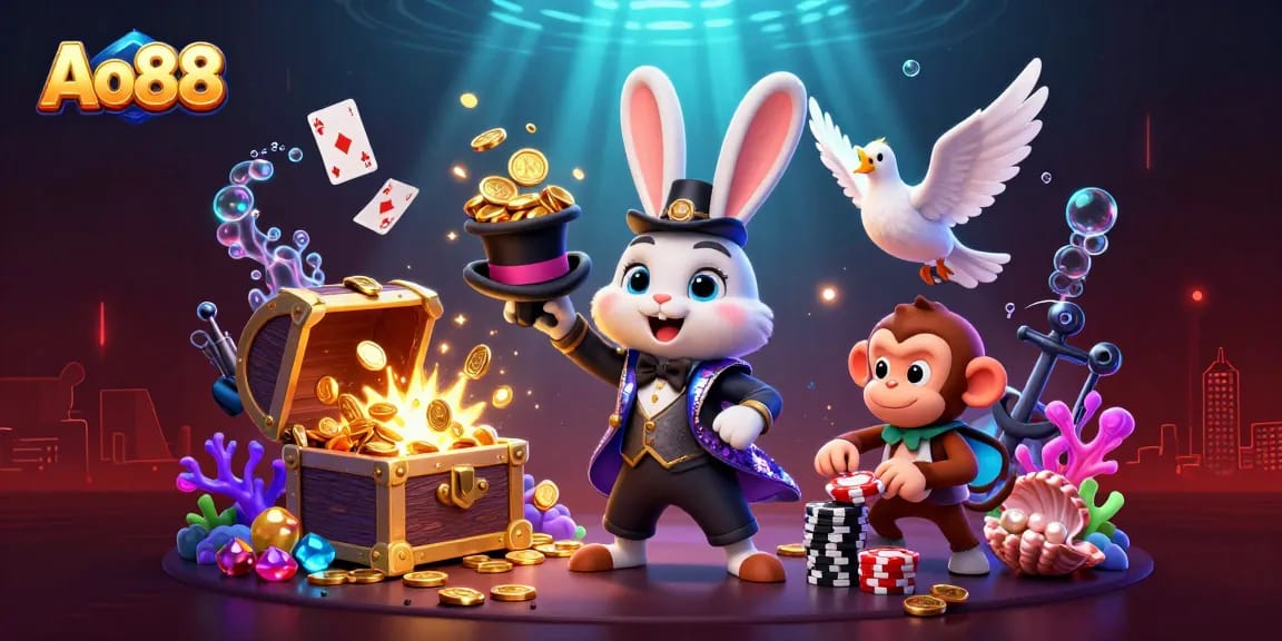 Ao88 magician rabbit conjuring coins, surrounded by vibrant casino elements and a colorful dove.