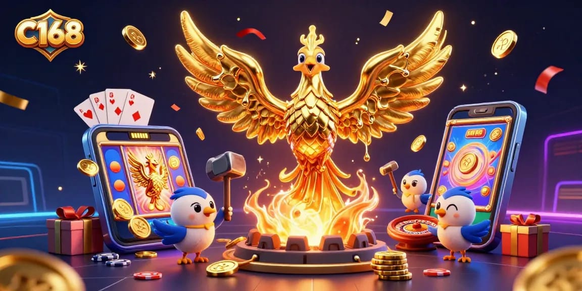 C168 ignites excitement as golden coins rain from a phoenix in a vibrant 3D casino scene