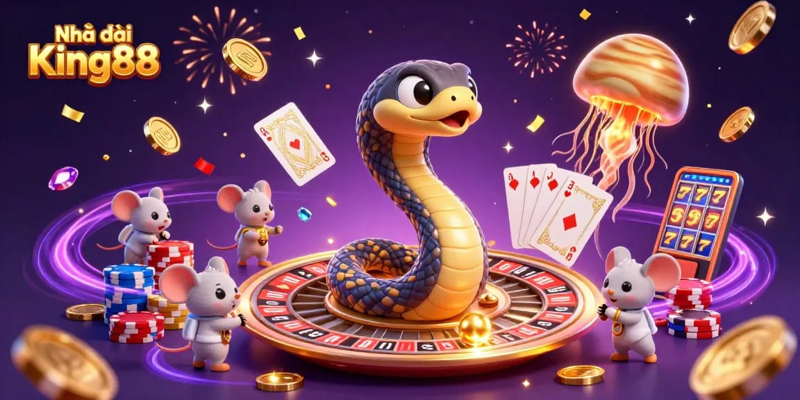 Experience the thrill of Nhà cái King88 with cosmic elements and vibrant action in a 3D casino scene.