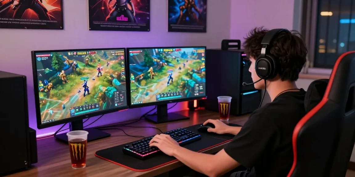 Player engaging with raja 328 gaming on multiple monitors, showcasing vibrant interfaces.
