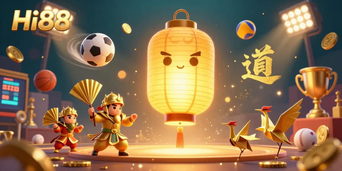 Engage with Hi88 at the casino, featuring a vibrant golden lantern spirit and paper fan warriors amidst sports elements.