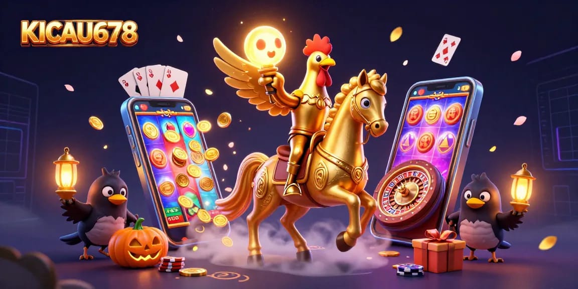 KICAU678 reveals a vibrant casino scene with a golden rooster and spectacular gaming elements.
