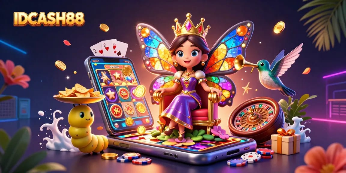Experience thrilling slots with IDCASH88 in a vibrant casino illustration featuring game elements.