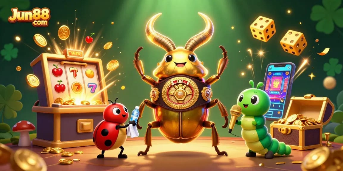 Engage with Jun88 com's thrilling thrill of online slots featuring vibrant characters and casino elements.