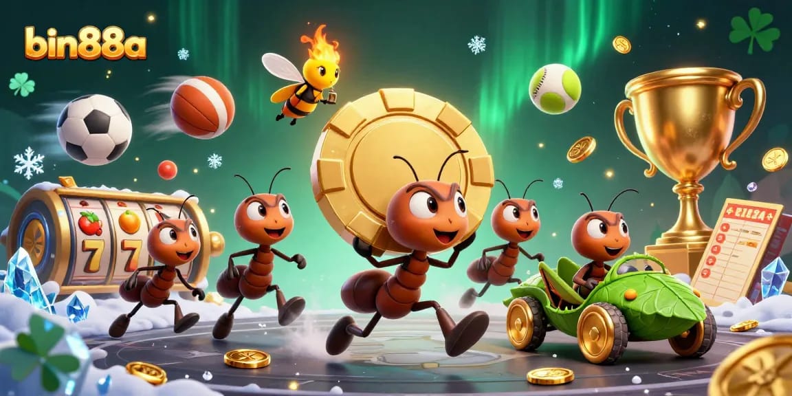 Win big at bin88a with a heist scene of ants carrying a huge chip, showcasing gambling excitement.