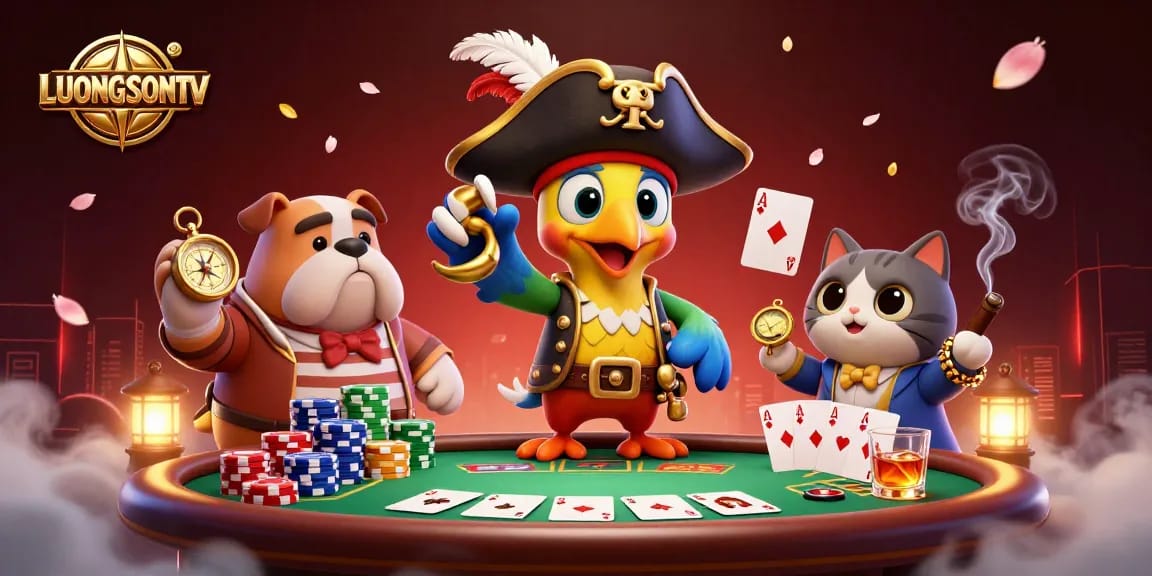LUONGSONTV showcases a vibrant poker scene with skilled wildlife characters gambling at a lively table.