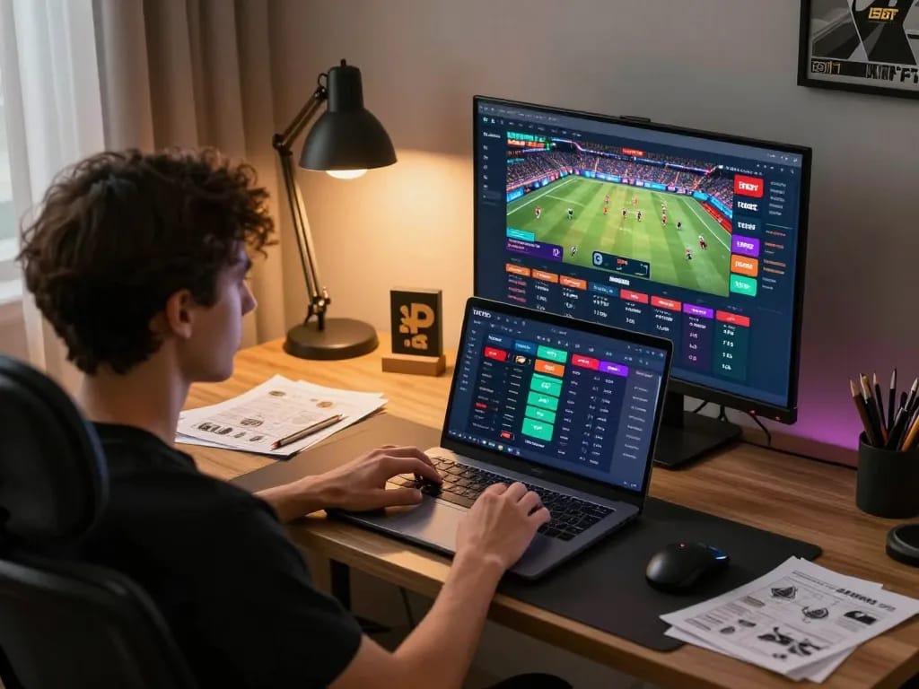 Engaging with TOPBET online betting interface in a stylish home gaming setup.
