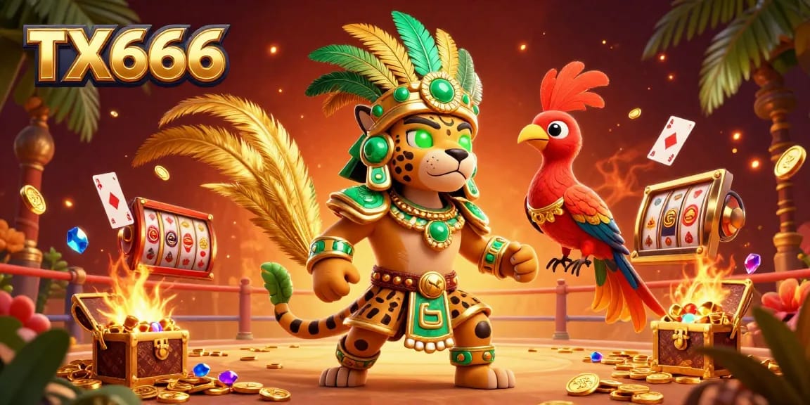 Experience the excitement of TX666 with vibrant casino elements in a dynamic cockfighting arena.