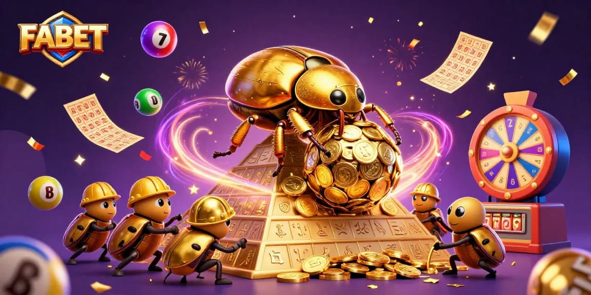 Engage with FABET’s vibrant gaming experience through an exciting illustration of a golden beetle amidst lottery elements.