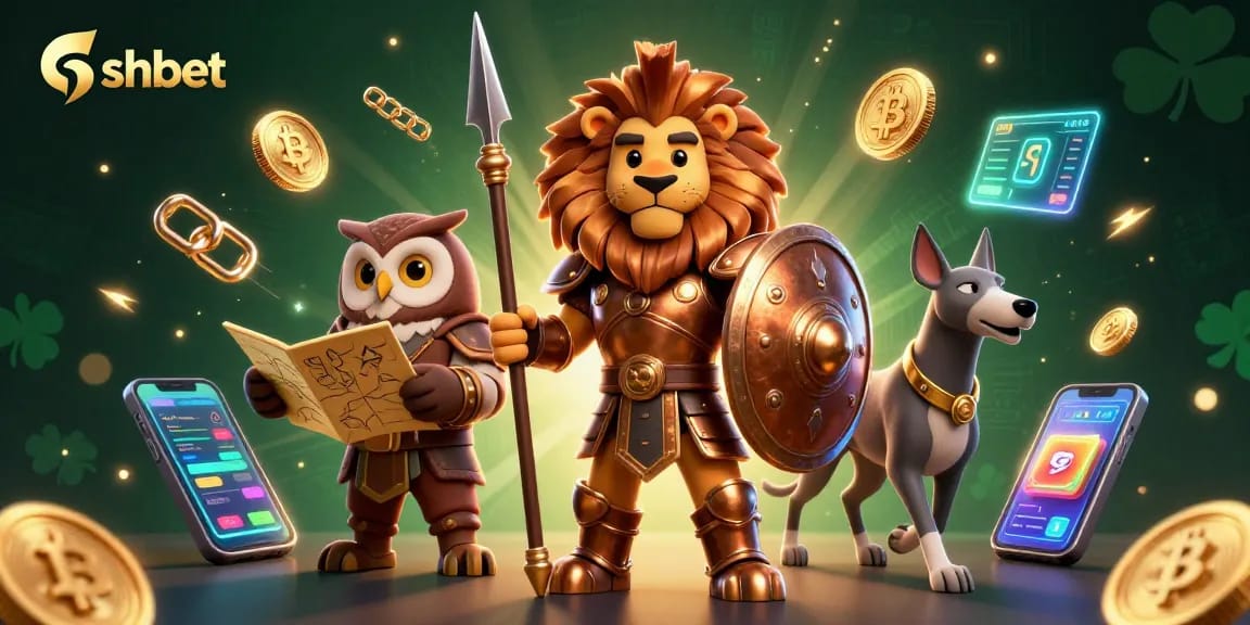 Experience the thrill of shbet with a vibrant 3D scene of a Spartan lion and crypto elements.