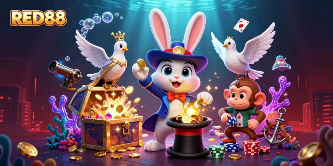 Join the fun at RED88 with a magician rabbit, dove, and monkey amidst exciting casino treasures.