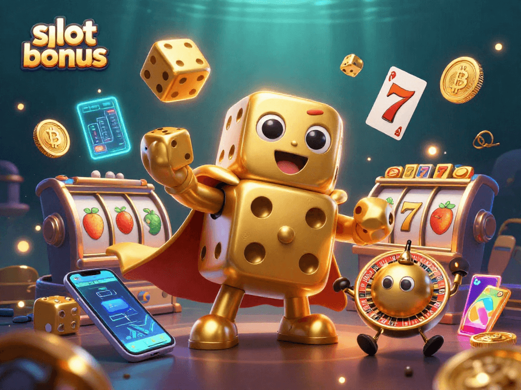 Win slot bonuses with exciting 3D elements, golden dice, and vibrant casino symbols.