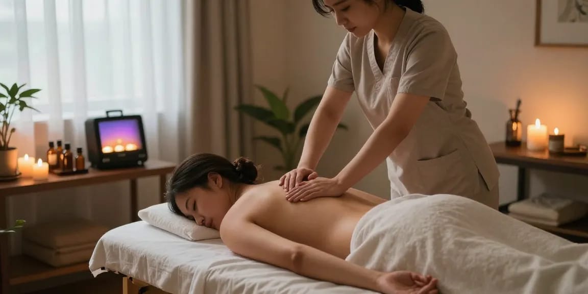 스웨디시 마사지 테라피 공간에서 고객에게 마사지를 진행하는 모습, 아늑한 조명과 아로마 촛불로 편안한 분위기 조성