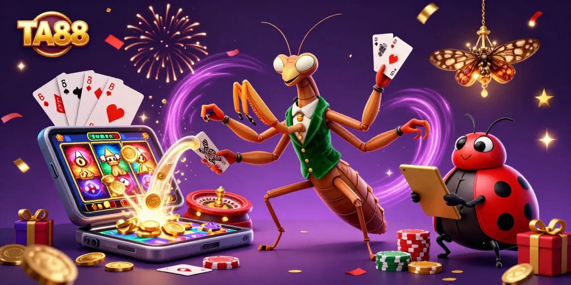 TA88 showcases an energetic casino scene with a mantis dealer and ladybug pit boss.