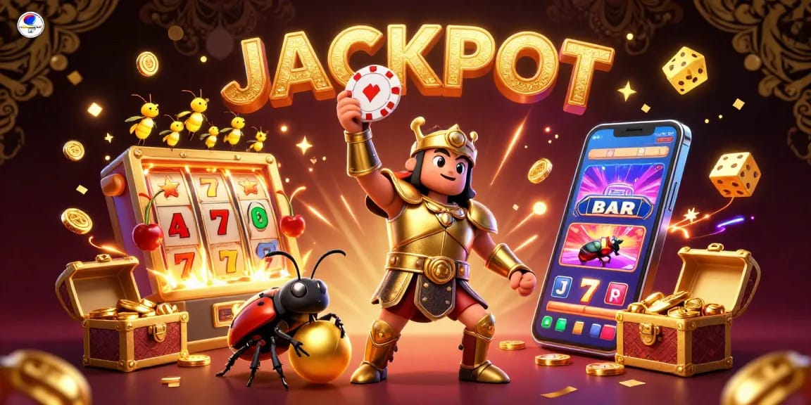 Engaging congtogel login illustration showcasing a victorious beetle with casino elements bursting around.