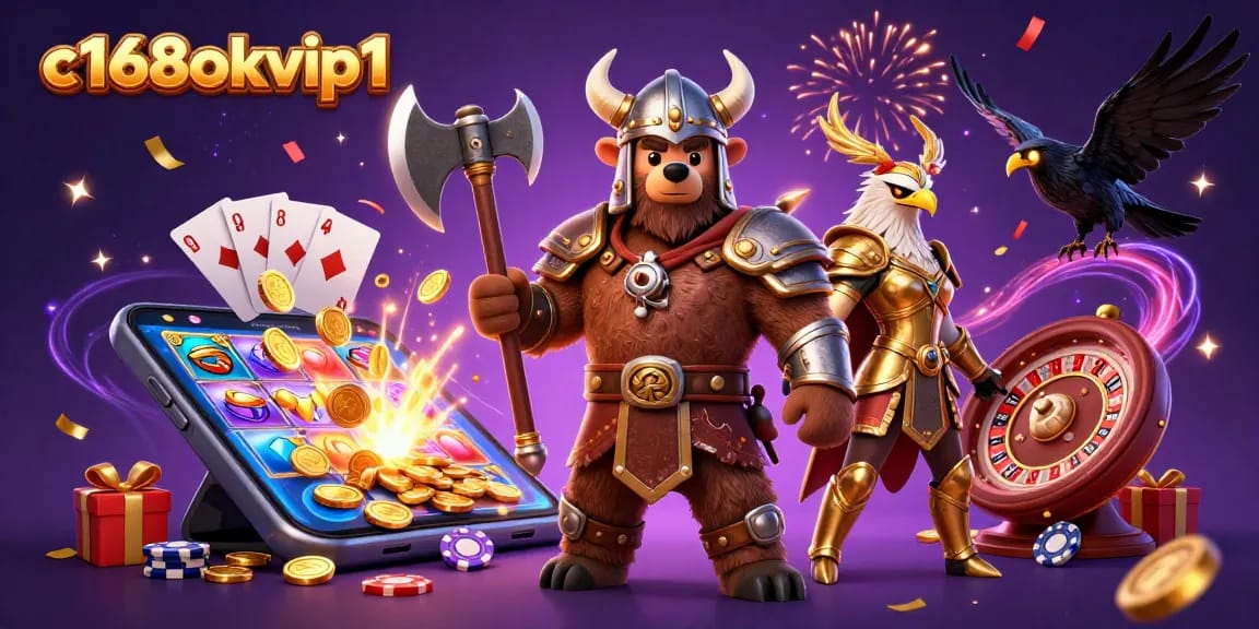 Experience thrilling gameplay with c168okvip1 as a Viking bear and Valkyrie eagle celebrate winnings.