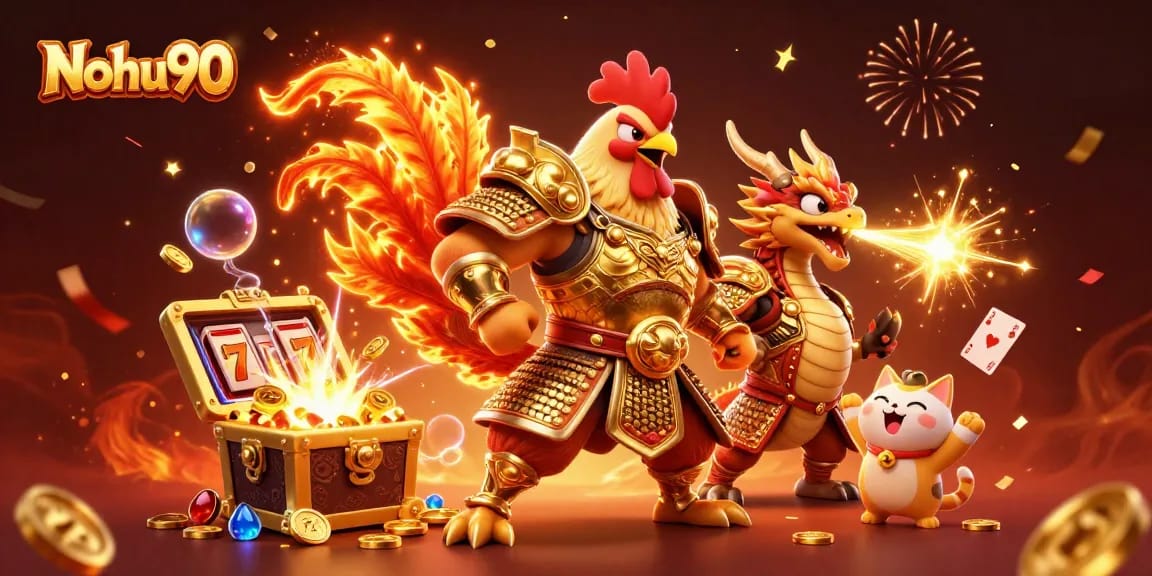 Nohu90 empowers players with a vibrant casino illustration of a fighting rooster and dragon amidst jackpots.
