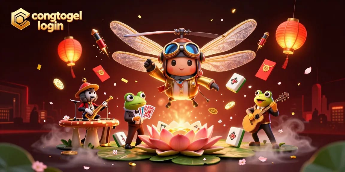 Engage with congtogel login at a vibrant lily pad casino, overseen by whimsical characters and festive elements.