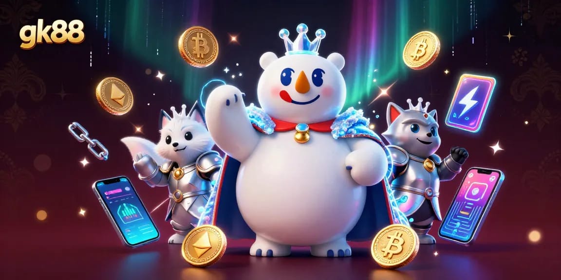 Engage in thrilling gameplay at gk88, showcasing an ice king polar bear and a snow fox in a rich casino atmosphere.