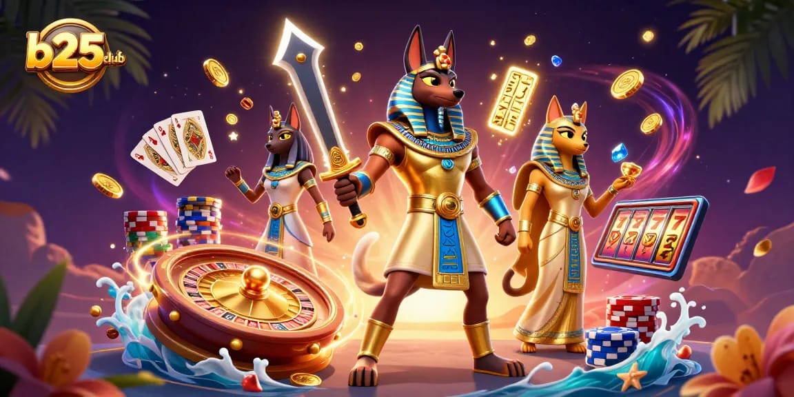 Experience exciting gameplay at b25club with Anubis and Bastet amidst dynamic casino elements.