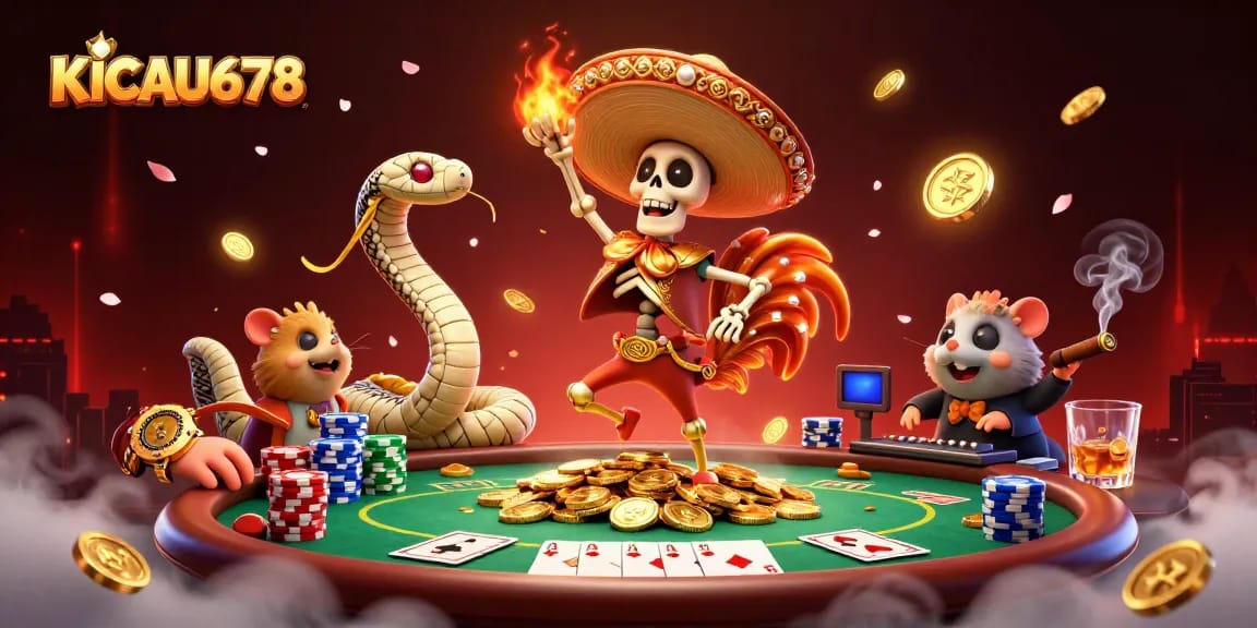 KICAU678 combines thrilling gaming with excitement featuring dynamic characters and casino elements in an enticing scene.