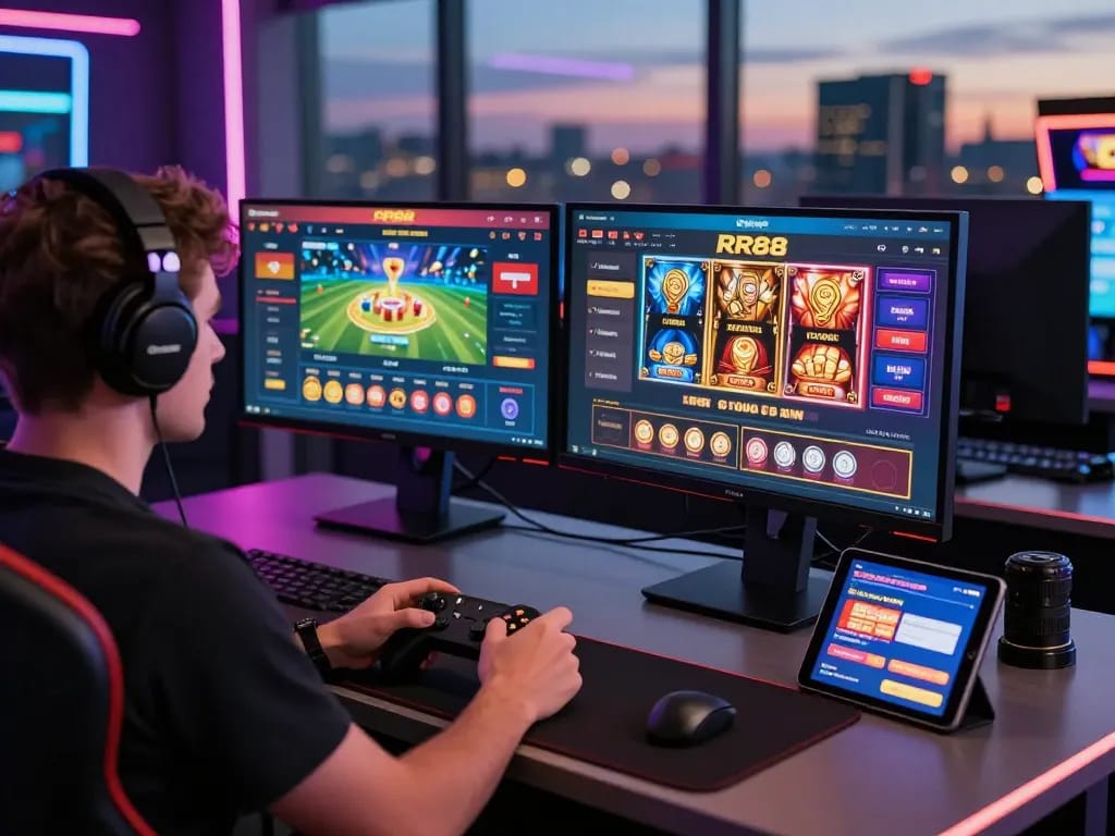Player enjoying immersive casino games at RR88, showcasing vibrant gaming setup.