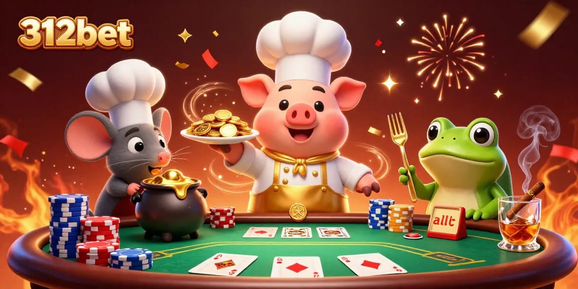 Experience the vibrant charm of 312bet with animated chef characters serving up excitement in an engaging casino scene.