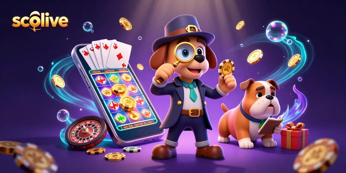 Socolive sports betting scene with a detective and dog uncovering poker chip clues amidst gaming elements.