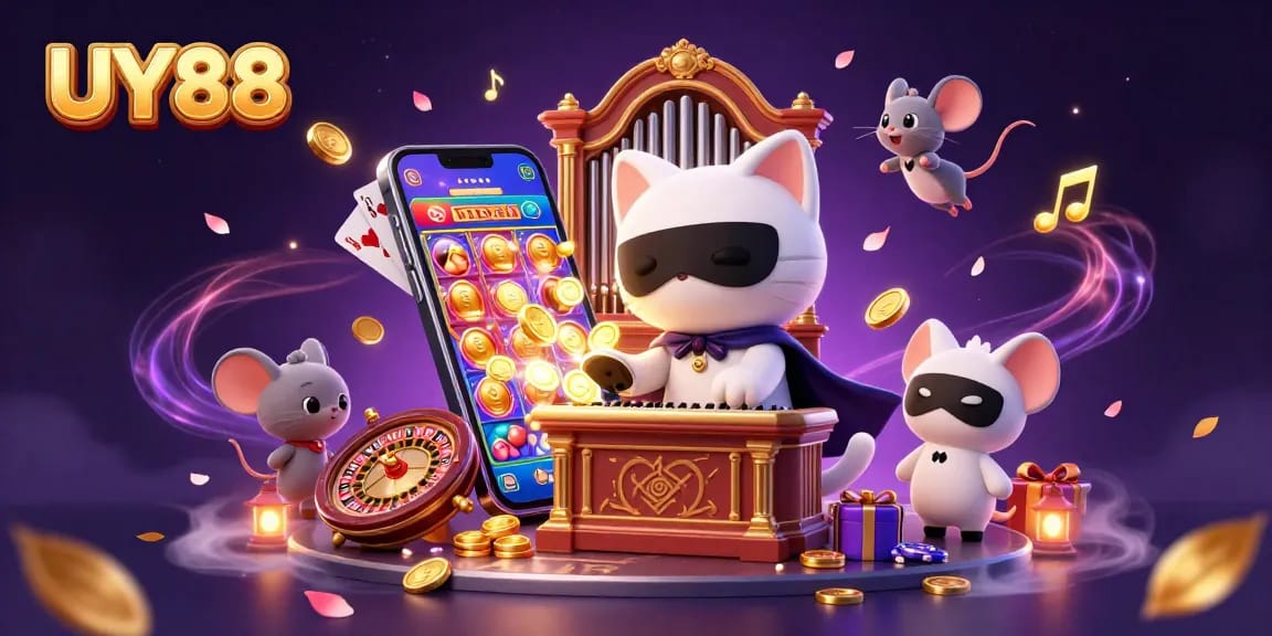 Experience the vibrant allure of UY88, where players enjoy thrilling slot games amidst floating musical notes.
