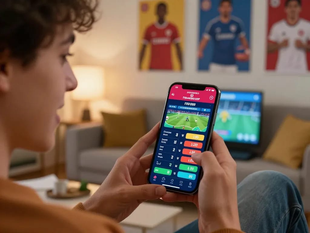 Engaging in sports betting on bola piala dunia 2026 through a smartphone app with live odds displayed.