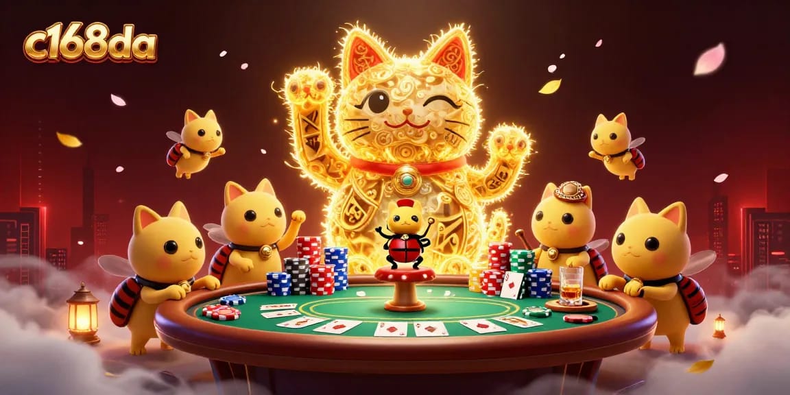 Experience the thrill of c168da's lucky cat in this vibrant casino illustration.