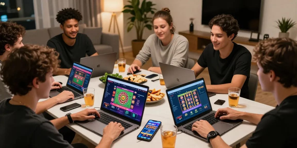 Friends enjoying a gaming session on the Winbox website, showcasing vibrant online casino graphics.