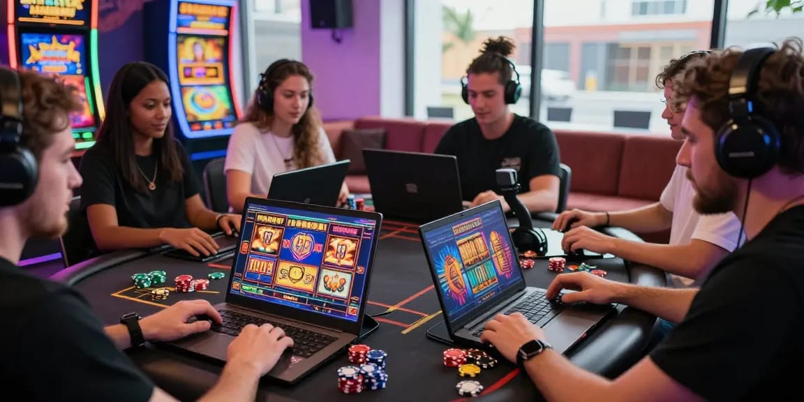 Players enjoying thrilling experiences at non UK online casinos with vibrant gaming displays, showcasing excitement and bonuses.