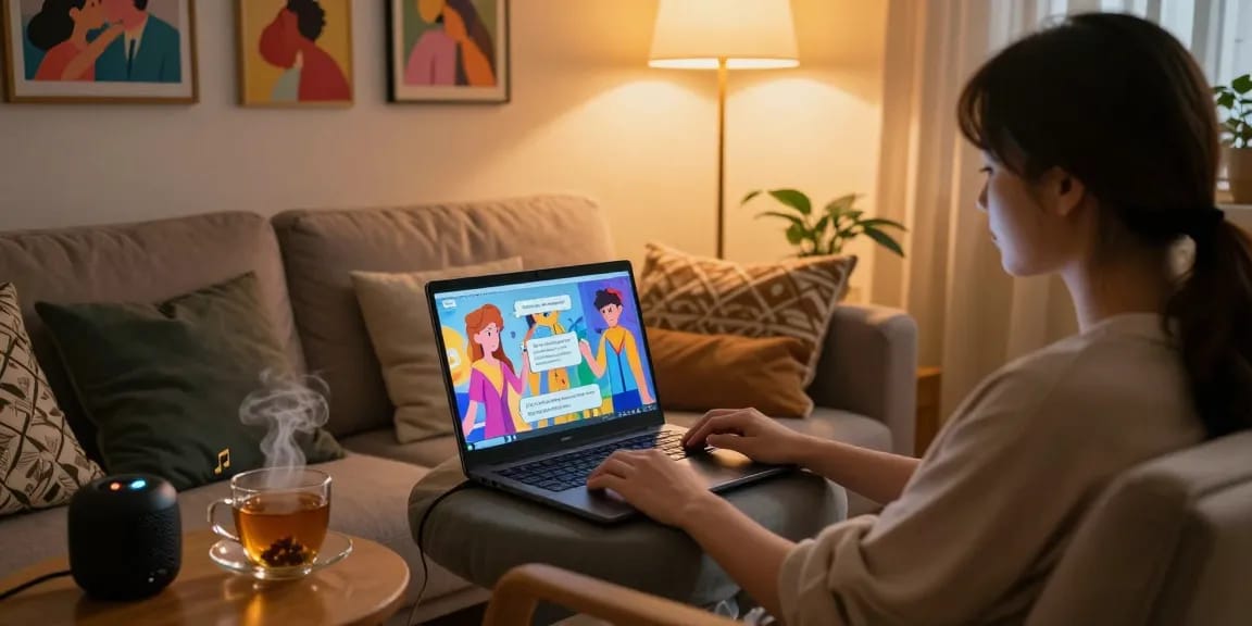 Engaging in ai nsfw chat with animated characters in a cozy living room setting.