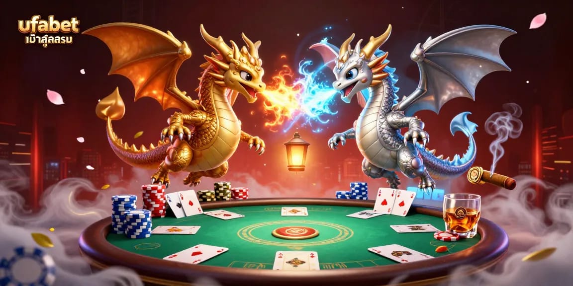 Engage with ufabet เข้าสู่ระบบ in a vibrant casino scene featuring dragons and high-stakes poker.