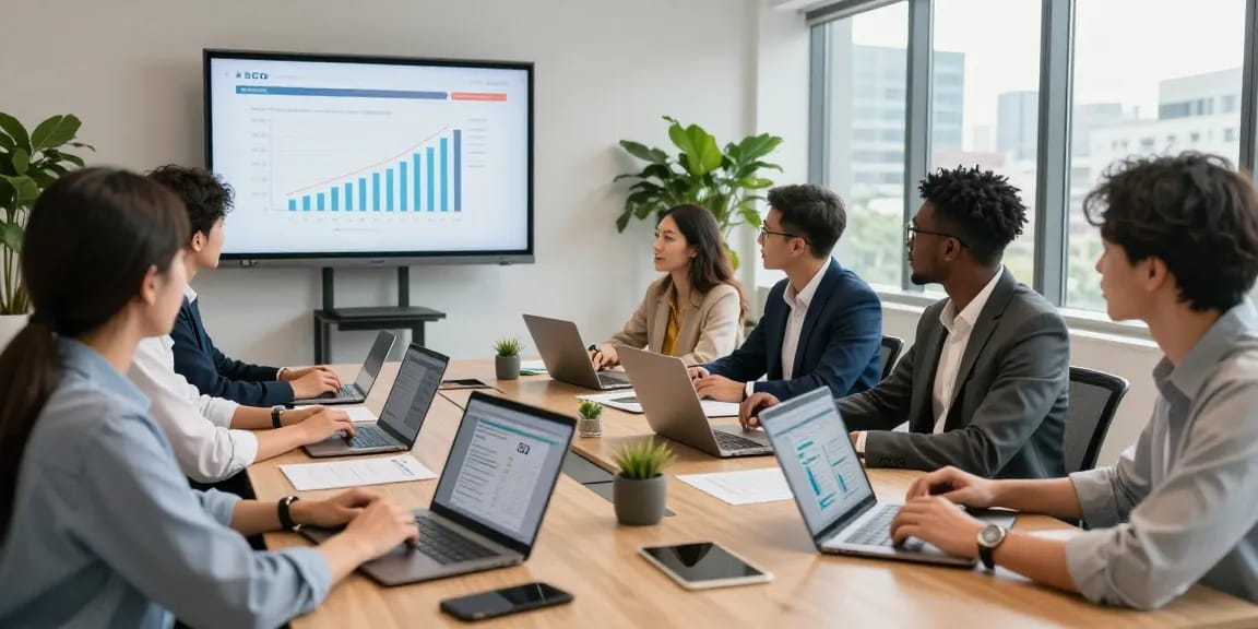 Collaboration in a Johannesburg office by an SEO Agency Johannesburg, showcasing professionals analyzing digital marketing strategies.