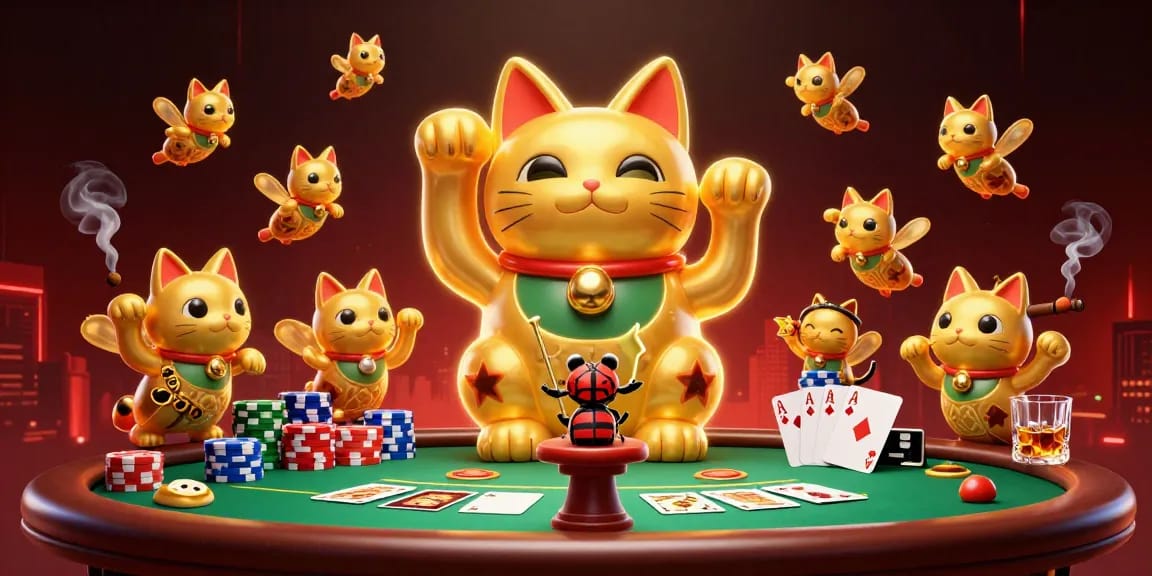 Play poker with hubet's animated lucky cat and golden fireflies in a vibrant casino scene.