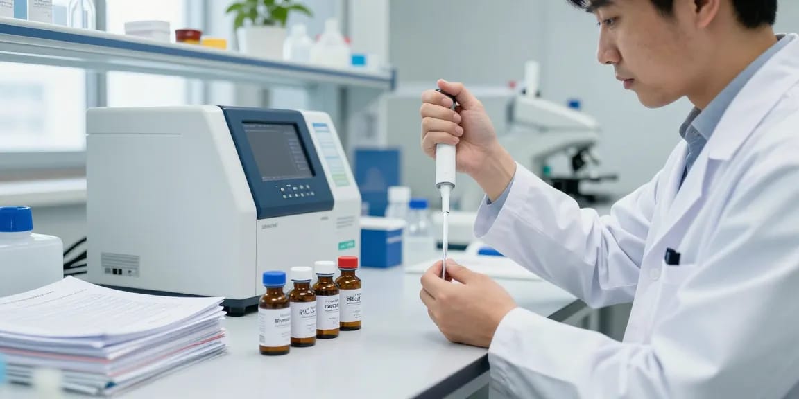 Scientist measuring SwissChems Peptides in a modern laboratory, showcasing advanced research equipment.
